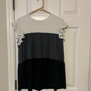 Elegant Ruffle Sleeve Color Block Blouse - Black, Gray, White